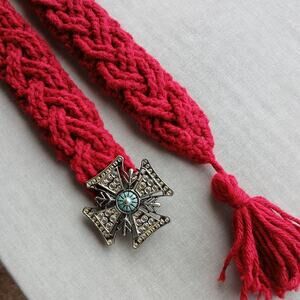 Cardinal Crochet Cable Braided Belt Vintage Maltese buckle gothic tassel premade